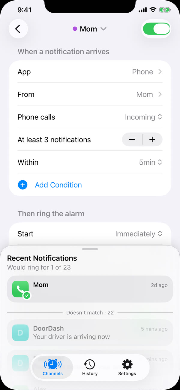 The Mom channel in Hotline: Phone, from Mom, incoming calls, repeated 3 times in 5 minutes, with recent notifications showing which one would ring