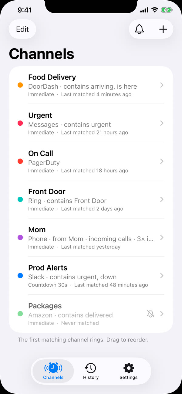 Channels list with Food Delivery, Urgent, On Call, Front Door, Mom, Prod Alerts and a disabled Packages channel