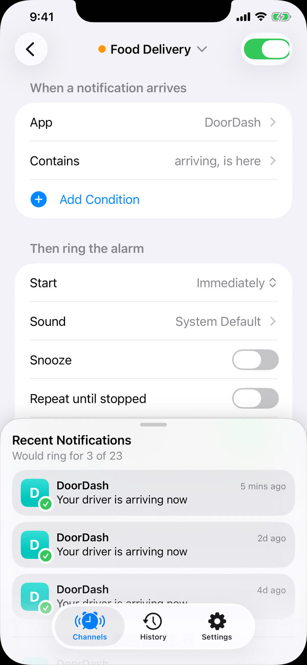 Hotline's channel editor for Food Delivery: app DoorDash, contains arriving or is here, with recent notifications below showing the three that would ring