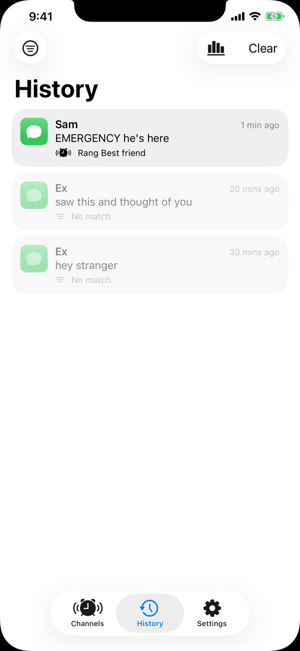 Hotline's History: Sam's message rang the Best friend channel, and two messages from Ex are marked No match