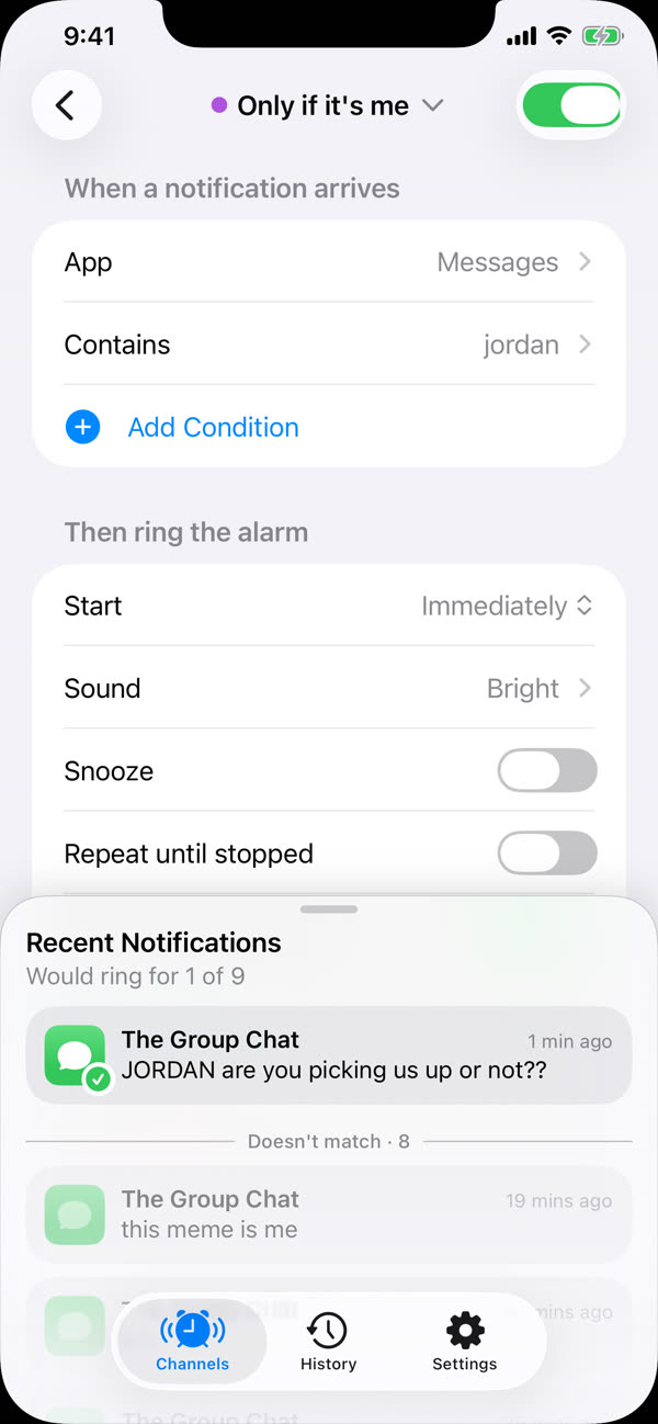 The Only if it's me channel: app Messages, contains jordan. Recent notifications show it would ring for one group chat message out of nine