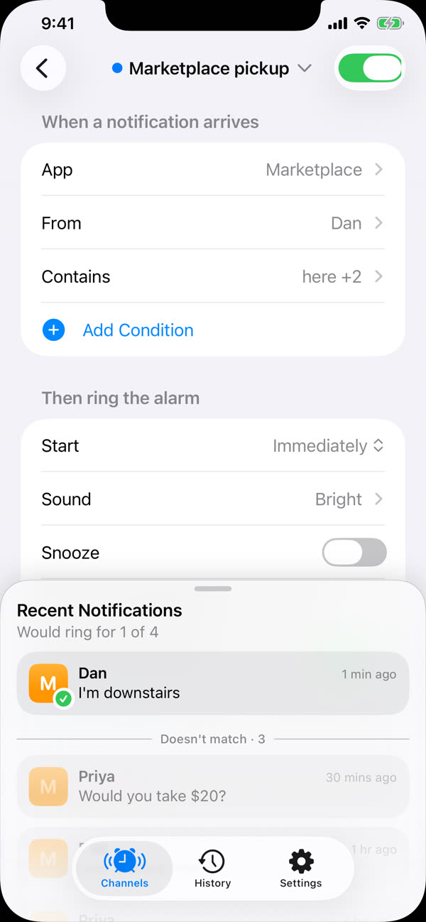 The Marketplace pickup channel: app Marketplace, from Dan, contains here and two more words. Recent notifications show only I'm downstairs would ring