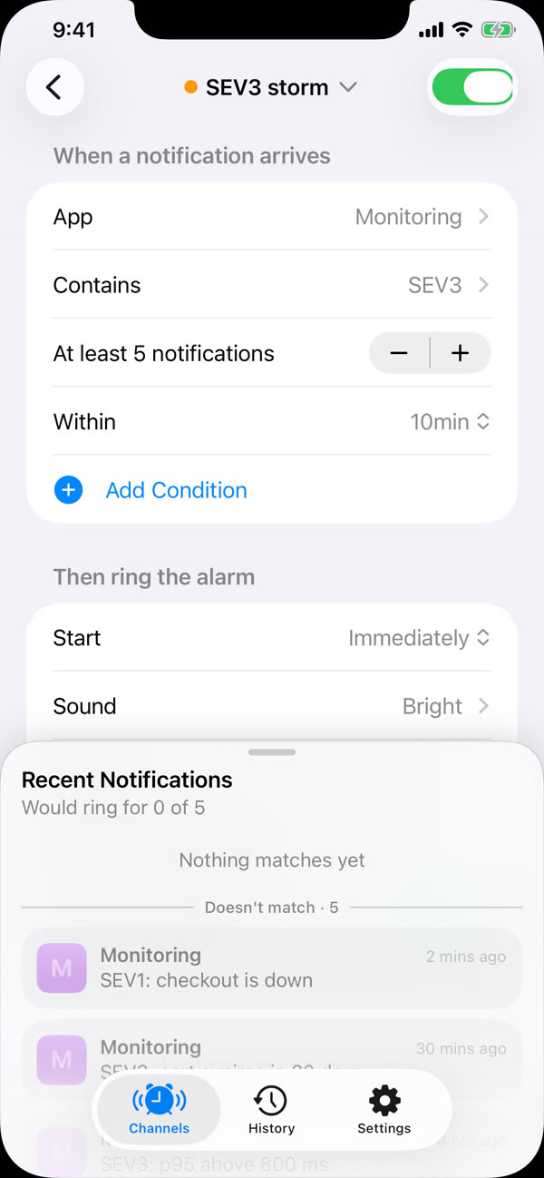 The SEV3 storm channel: app Monitoring, contains SEV3, at least 5 notifications within 10 minutes. Recent notifications show a lone SEV3 doesn't match