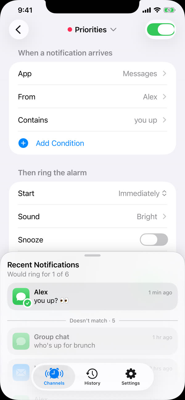 The Priorities channel: app Messages, from Alex, contains you up. Recent notifications show only Alex's you up? would ring